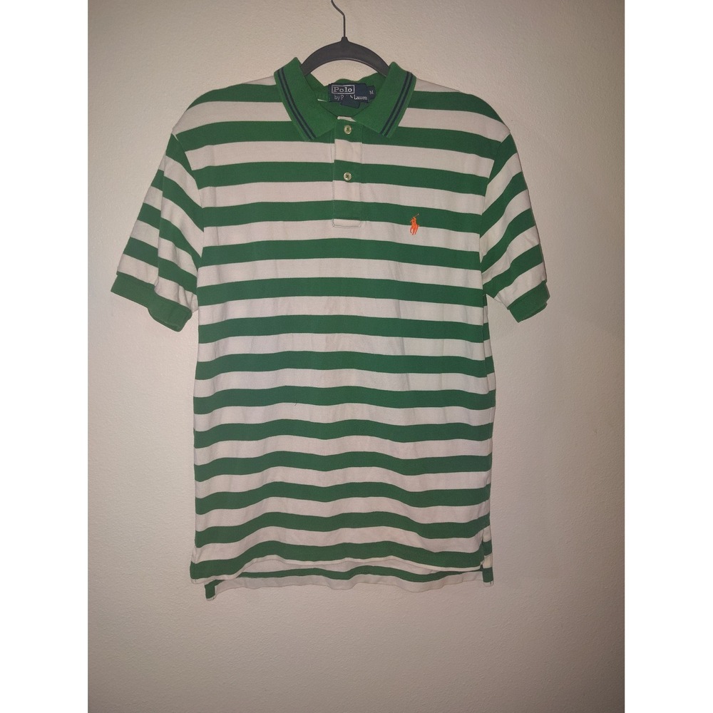Polo Ralph Lauren Mens Green White Striped Short Sleeve Polo Shirt Orange Pony M